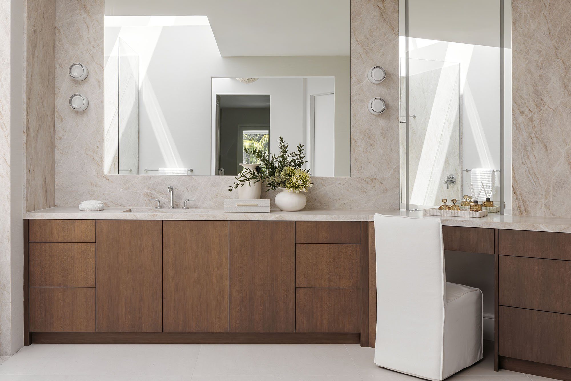 Contemporary Garden House, Boca Raton, marble primary bathroom with double vanity