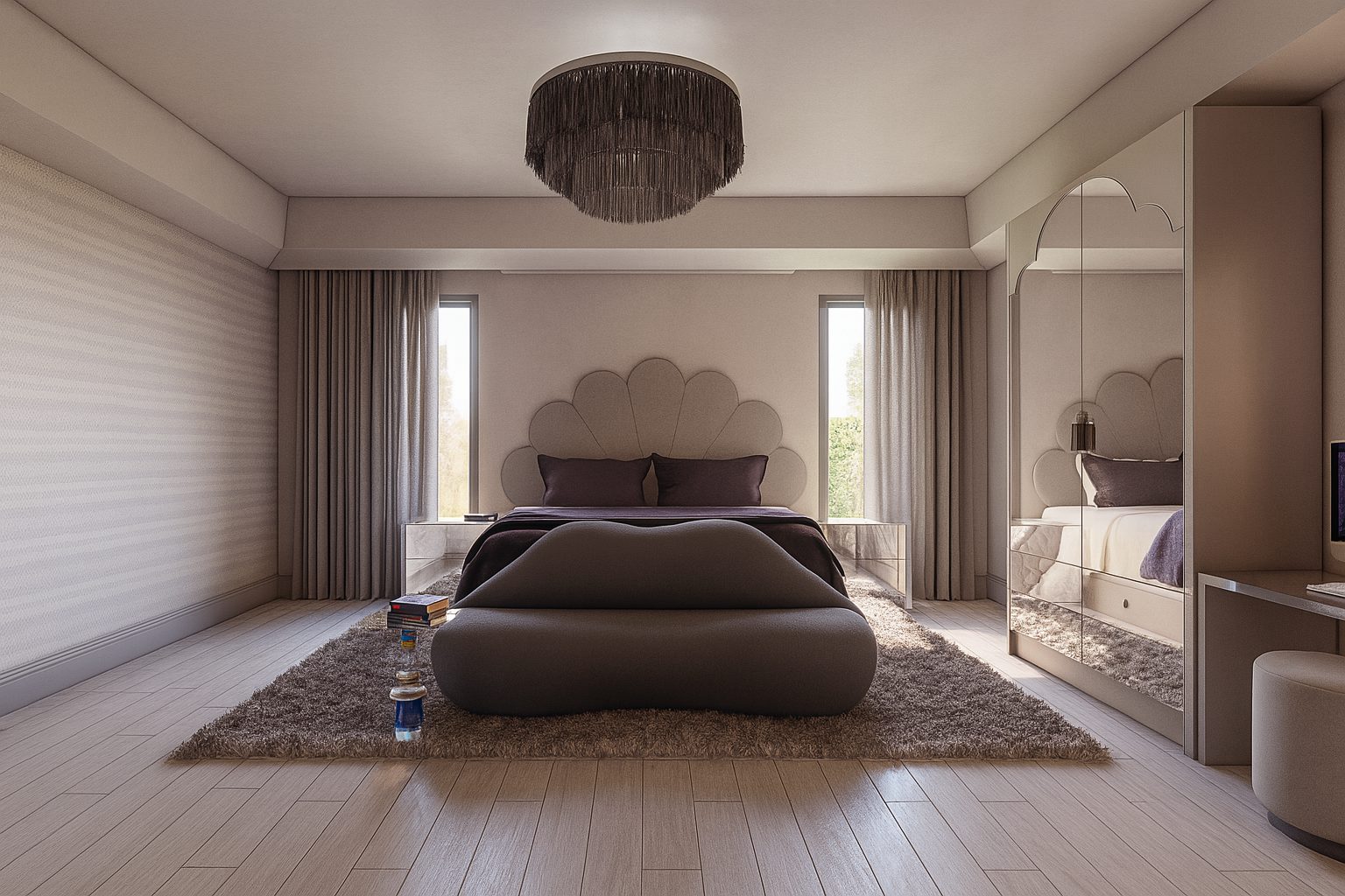 Bold and whimsical master bedroom with custom furnishings and layered color